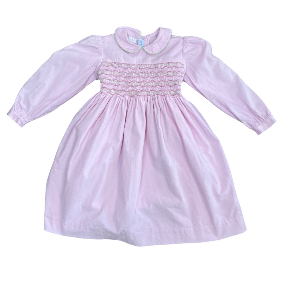 Vive La Fete Girls Pink Corduroy Smocked Dress Long Sleeve Peter Pan Collar 4T - Picture 8 of 10